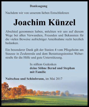 Traueranzeige von Joachim Künzel von Ostthüringer Zeitung