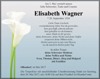 Traueranzeige von Elisabeth Wagner von Thüringer Allgemeine, Thüringische Landeszeitung
