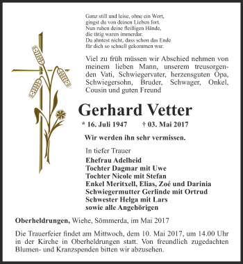 Traueranzeige von Gerhard Vetter von Thüringer Allgemeine