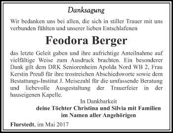 Traueranzeige von Feodora Berger von Thüringer Allgemeine, Thüringische Landeszeitung