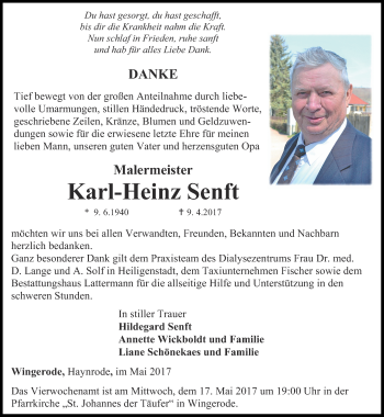 Traueranzeige von Karl-Heinz Senft von Thüringer Allgemeine