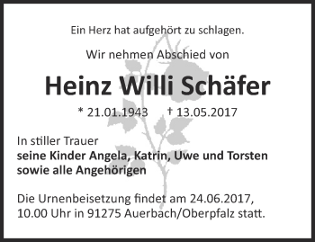 Traueranzeige von Heinz Willi Schäfer von Thüringer Allgemeine, Thüringische Landeszeitung