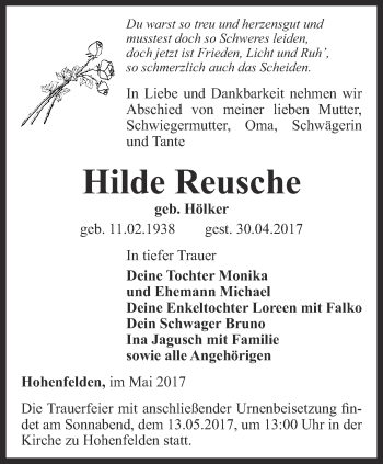 Traueranzeige von Hilde Reusche von Thüringer Allgemeine, Thüringische Landeszeitung