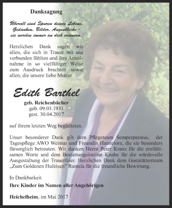 Traueranzeige von Edith Barthel von Thüringer Allgemeine, Thüringische Landeszeitung