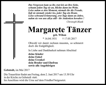 Traueranzeige von Margarete Tänzer von Thüringer Allgemeine, Thüringische Landeszeitung