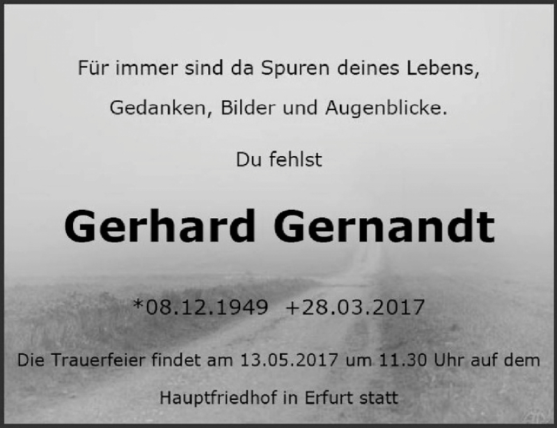  Traueranzeige für Gerhard Gernandt vom 06.05.2017 aus Thüringer Allgemeine, Thüringische Landeszeitung