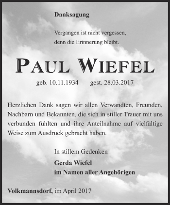 Traueranzeige von Paul Wiefel von Ostthüringer Zeitung