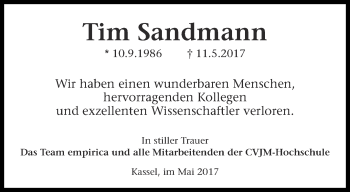 Traueranzeige von Tim Sandmann von Thüringer Allgemeine, Thüringische Landeszeitung