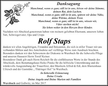 Traueranzeige von Rolf Staps von Ostthüringer Zeitung