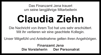 Traueranzeige von Claudia Ziehn von Thüringer Allgemeine, Thüringische Landeszeitung