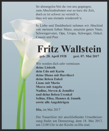 Traueranzeige von Fritz Wallenstein von Thüringer Allgemeine, Thüringische Landeszeitung