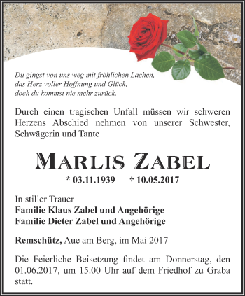 Traueranzeige von Marlis Zabel von Ostthüringer Zeitung