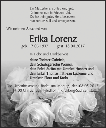 Traueranzeige von Erika Lorenz von Thüringer Allgemeine