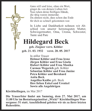 Traueranzeige von Hildegard Beck von Thüringer Allgemeine, Thüringische Landeszeitung