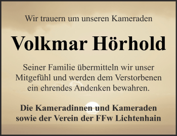 Traueranzeige von Volkmar Hörhold von Ostthüringer Zeitung, Thüringische Landeszeitung