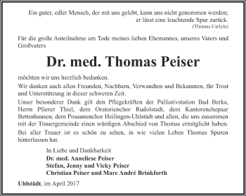 Traueranzeige von Thomas Peiser von Ostthüringer Zeitung