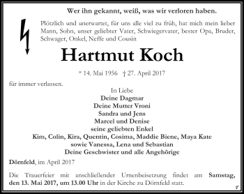Traueranzeige von Hartmut Koch von Thüringer Allgemeine