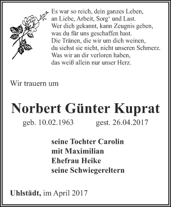 Traueranzeige von Norbert Günter Kuprat von Ostthüringer Zeitung