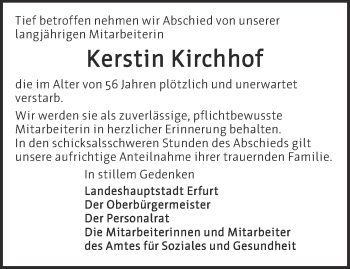 Traueranzeige von Kerstin Kirchhof von Thüringer Allgemeine, Thüringische Landeszeitung