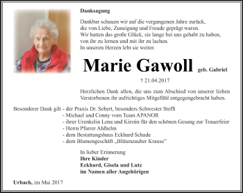 Traueranzeige von Marie Gawoll von Thüringer Allgemeine