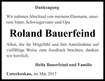 Traueranzeige von Roland Bauerfeind von Ostthüringer Zeitung