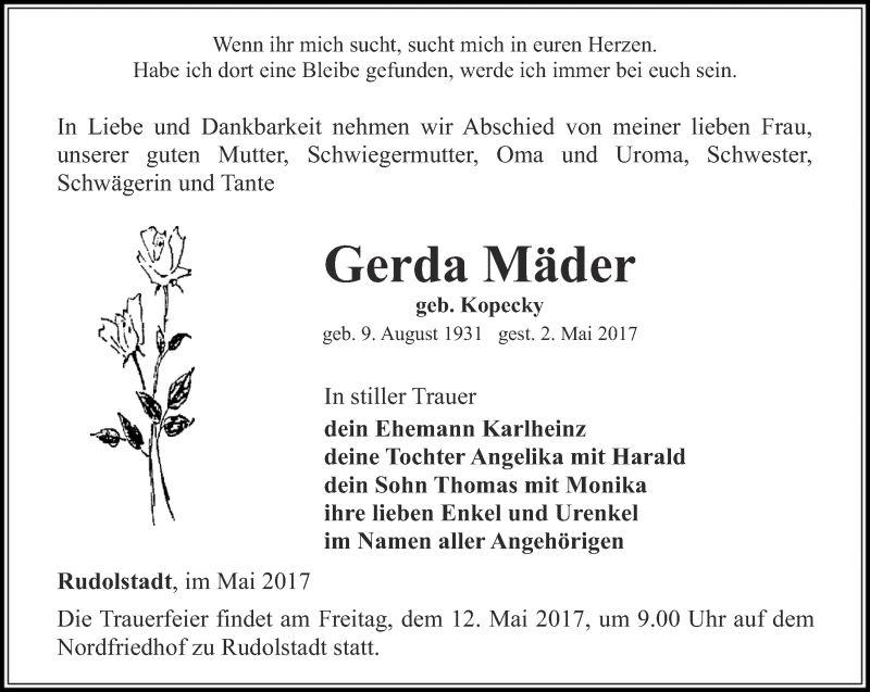 Traueranzeigen von Gerda Mäder | trauer-in-thueringen.de