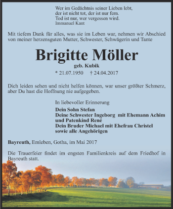 Traueranzeige von Brigitte Möller von Ostthüringer Zeitung, Thüringische Landeszeitung