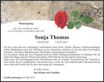 Traueranzeige von Sonja Thomas von Thüringer Allgemeine