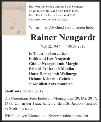 Traueranzeige von Rainer Neugardt von Ostthüringer Zeitung