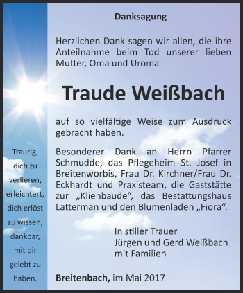 Traueranzeige von Traude Weißbach von Thüringer Allgemeine