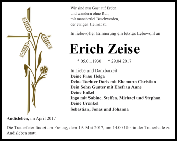 Traueranzeige von Erich Zeise von Thüringer Allgemeine, Thüringische Landeszeitung