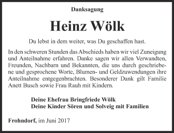 Traueranzeige von Heinz Wölk von Thüringer Allgemeine