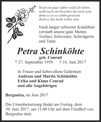 Traueranzeige von Petra Schinköhte von Thüringer Allgemeine, Thüringische Landeszeitung