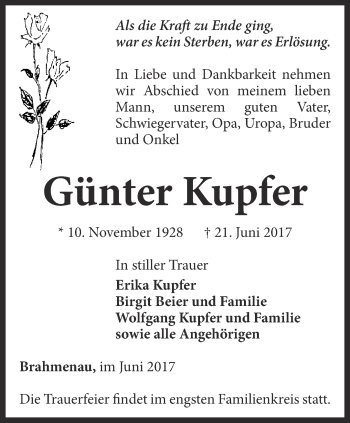 Traueranzeige von Günter Kupfer von Ostthüringer Zeitung