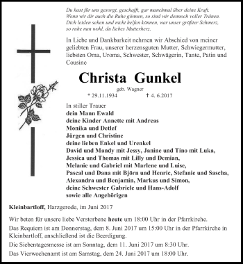 Traueranzeige von Christa Gunkel von Thüringer Allgemeine