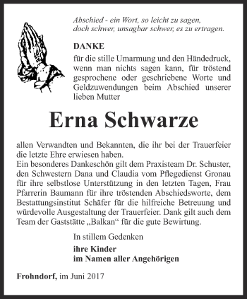 Traueranzeige von Erna Schwarze von Thüringer Allgemeine