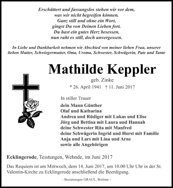 Traueranzeige von Mathilde Keppler von Thüringer Allgemeine