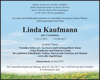 Traueranzeige von Linda Kaufmann von Ostthüringer Zeitung, Thüringische Landeszeitung