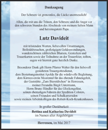 Traueranzeige von Lutz Davideit von Thüringer Allgemeine, Thüringische Landeszeitung