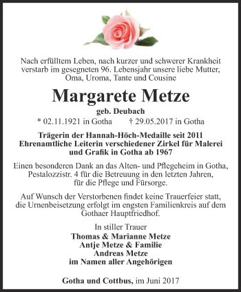 Traueranzeige von Margarete Metze von Ostthüringer Zeitung, Thüringische Landeszeitung