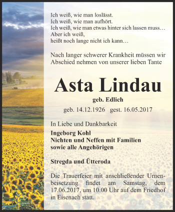 Traueranzeige von Asta Lindau von Thüringer Allgemeine, Thüringische Landeszeitung