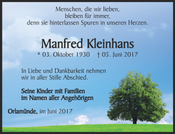 Traueranzeige von Manfred Kleinhans von Ostthüringer Zeitung, Thüringische Landeszeitung