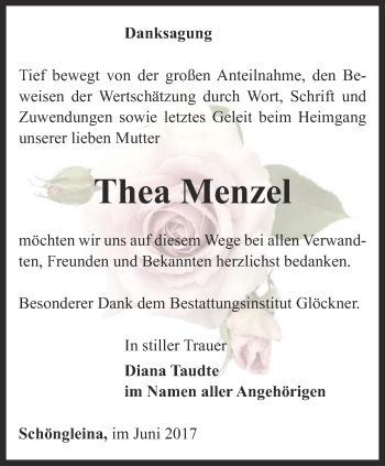 Traueranzeige von Thea Menzel von Ostthüringer Zeitung