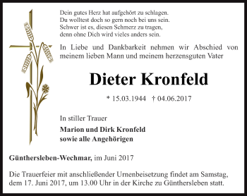 Traueranzeige von Dieter Kronfeld von Ostthüringer Zeitung, Thüringische Landeszeitung