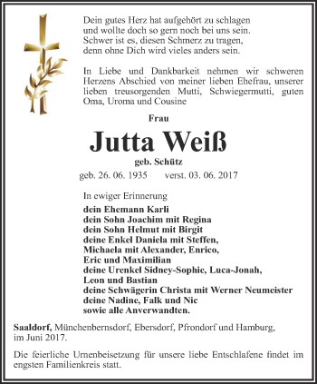 Traueranzeige von Jutta Weiß von Ostthüringer Zeitung