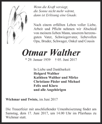 Traueranzeige von Otmar Walther von Ostthüringer Zeitung, Thüringische Landeszeitung