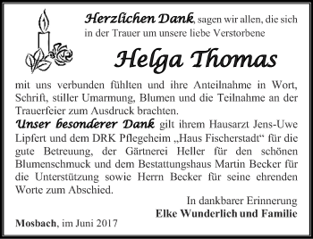 Traueranzeige von Helga Thomas von Thüringer Allgemeine, Thüringische Landeszeitung