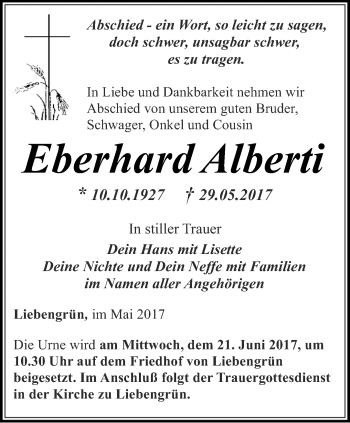 Traueranzeige von Eberhard Alberti von Ostthüringer Zeitung