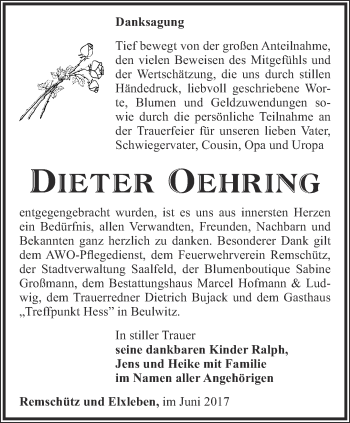 Traueranzeige von Dieter Oehring von Ostthüringer Zeitung