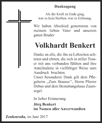 Traueranzeige von Volkhardt Benkert von Ostthüringer Zeitung